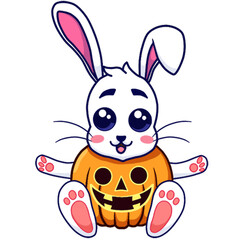 Bunny in a pumpkin suit. Describe a cheerful bunny with a giant pumpkin as a Halloween costume. Perfect for stickers, Halloween products, etc