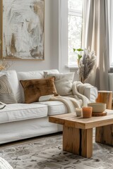 A comfortable white sofa and matching coffee table in a modern home decor setting