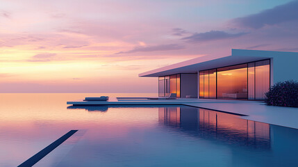Naklejka na ściany i meble modern architecture, house with infinity pool and sea view at sunset