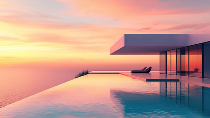 Obraz na płótnie Canvas modern architecture, house with infinity pool and sea view at sunset