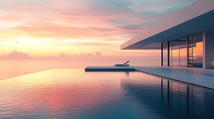 Fototapeta na wymiar modern architecture, house with infinity pool and sea view at sunset