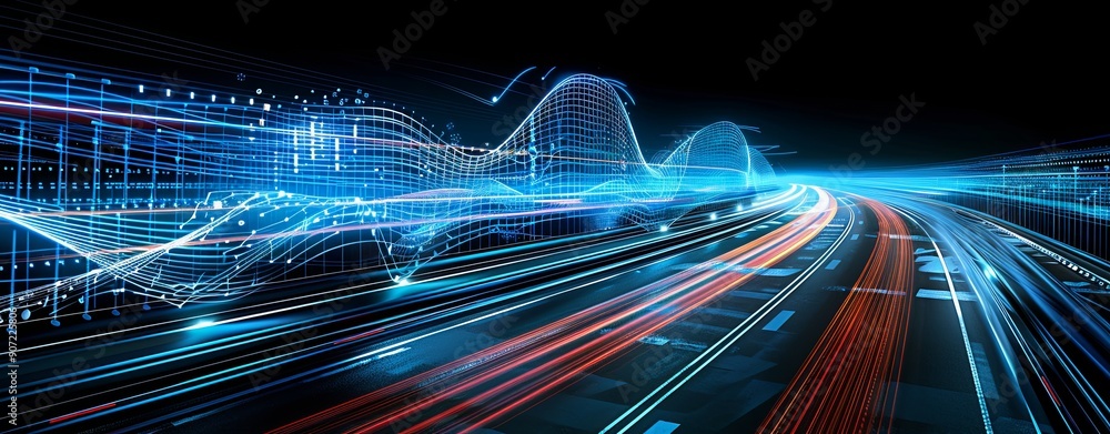 Poster close-up of an abstract highway scene with 3d music waves and digital noise, rich gradients, more cl