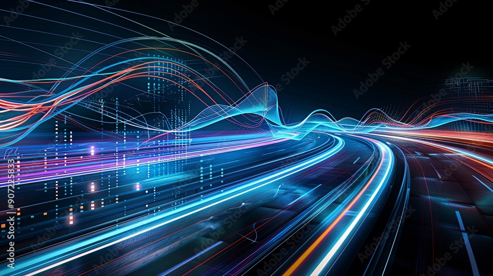 Poster close-up of 3d highway with flowing music waves and digital interference, colorful and abstract, mor