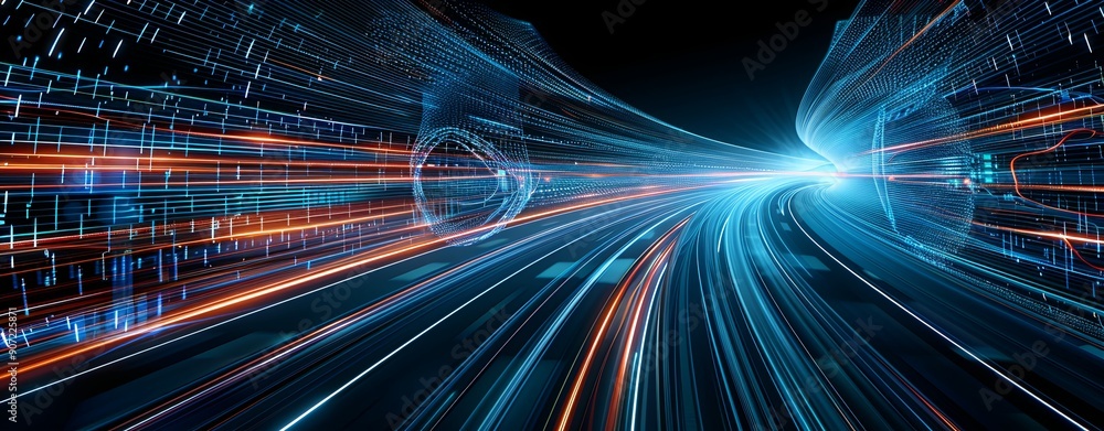 Poster close-up of an abstract highway with 3d music elements and subtle tv distortion, dynamic and rich, m