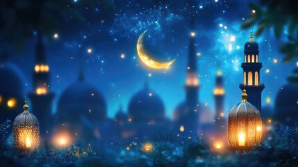 ramadan Kareem background illustration. Ramadan Kareem background with mosque and lanterns.