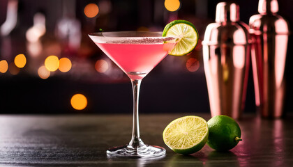 cosmopolitan drink with lemon garnish
