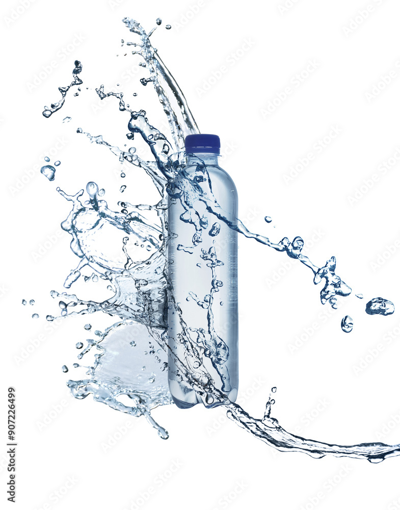 Poster Bottle of water and splashes on white background