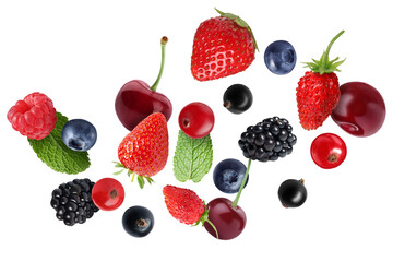 Different fresh berries in air on white background