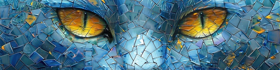 Fototapeta premium Russian Blue Cat as a Mystic and Spiritual Anthropomorphic Character in Expressionist Artistic Style with Sunset Illumination Medium Shot Facing Camera Created with Blue 3D Mosaics