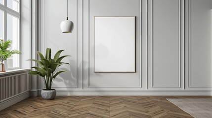 Minimalist Room Mock-Up with White Wall, Empty Frame, and Stylish Wooden Floor for Creative Advertising