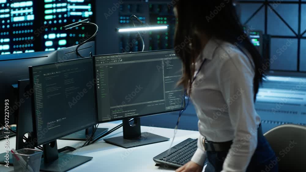 Poster engineer in data center sitting down at desk, installing software on computer, troubleshooting issue