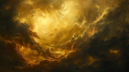 Oil painting effect on stormy, misty sky with dark brown and gold tones