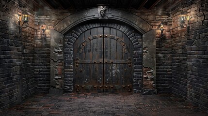 Gothic dungeon door with ornate ironwork, stone walls, and dim torch lighting, creating a dark medieval atmosphere.