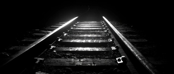 Monochrome photo of railroad tracks vanishing into darkness, symbolizing journey, solitude, and endless paths.