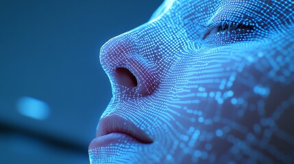 Digital Human Mesh, a futuristic portrayal of a face structured by a network of glowing blue data points, symbolizing the intersection of technology and identity.