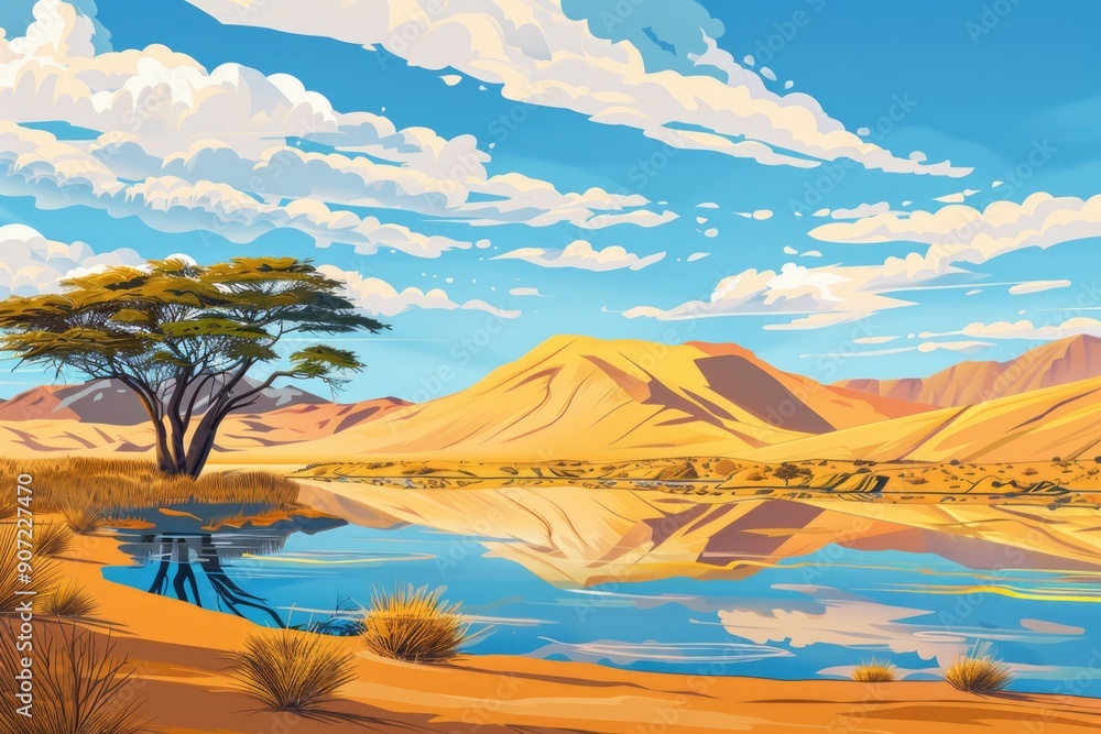 Poster a scenic view of a single tree standing in the middle of a vast desert landscape