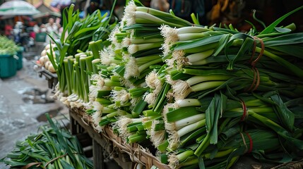 Wild leek stacked in City street market
