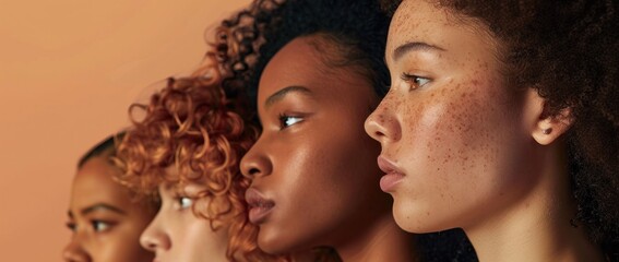 Obraz premium Group of women with freckles standing against vibrant orange background beauty and fashion photoshoot concept