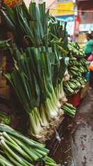 Wild leek stacked in City street market