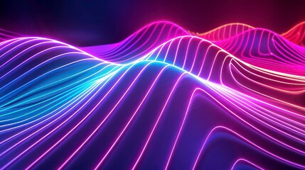 An abstract image of bright neon light lines forming curved waves on a dark background.