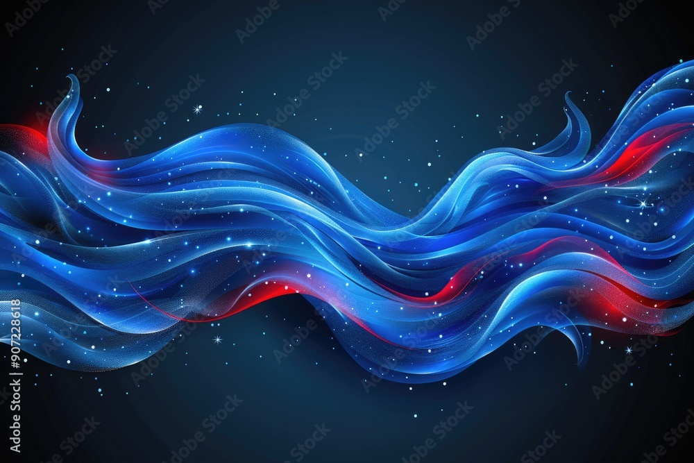 Poster abstract blue and red wavy lines with sparkles on a dark background