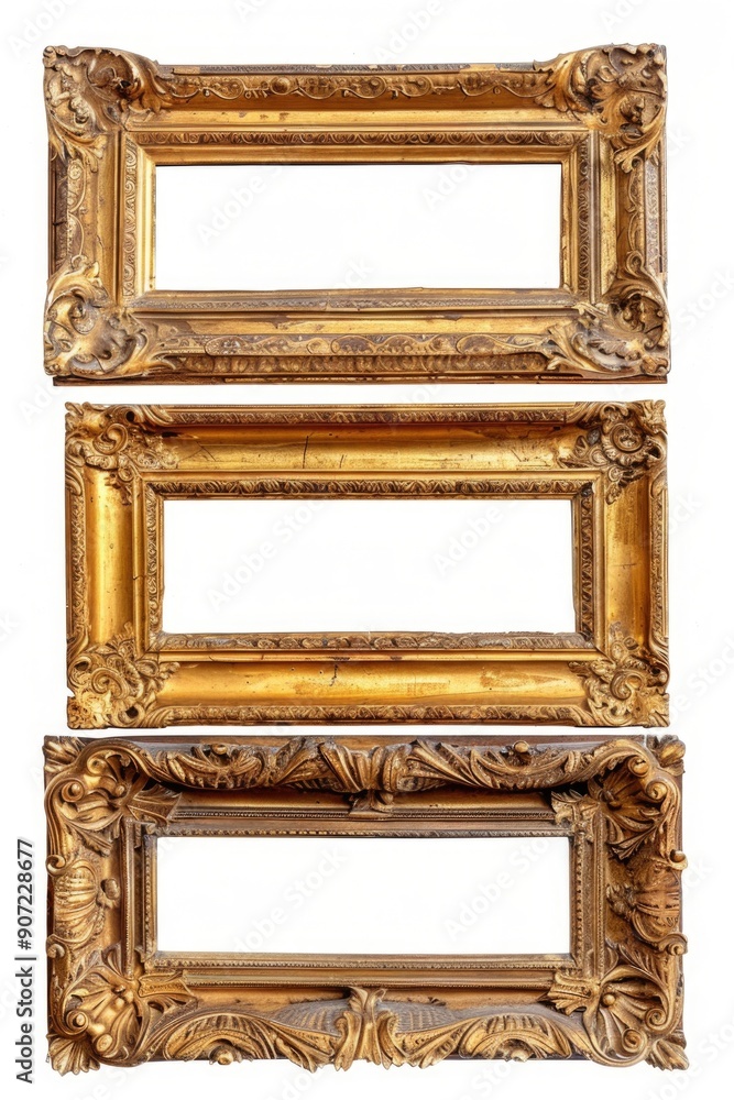 Poster a collection of three golden picture frames on a clean white surface, ready for use in various setti
