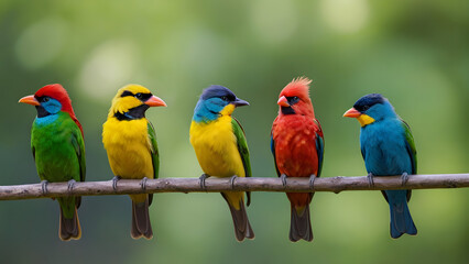 Obraz premium A group of colorful birds are perched on a branch
