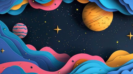 A paper cutout image of planets and stars in a dark blue space with a 3D effect.