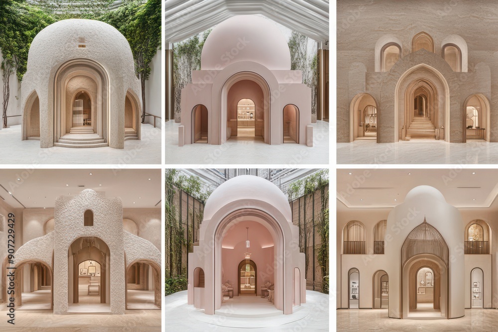 Poster a collection of architectural designs featuring soft, rounded structures with archways and domes. th