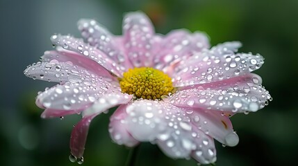 Closeup of raindrops on a delicate flower after a drizzle 