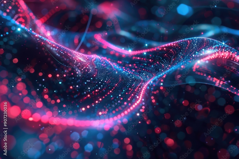 Poster close-up shot of a wave of lights on a dark background, suitable for use in designs related to techn