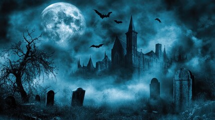 Graveyard cemetery to castle In Spooky scary dark Night full moon and bats on dead tree. Holiday event halloween banner background concept.