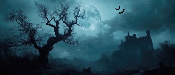 Graveyard cemetery to castle In Spooky scary dark Night full moon and bats on dead tree. Holiday event halloween banner background concept.