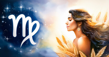 virgo maiden next to virgo symbol zodiac background