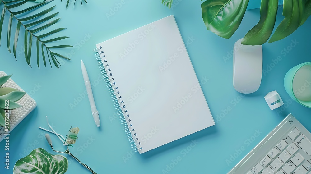 Poster blue desk with blank notebook and keyboard