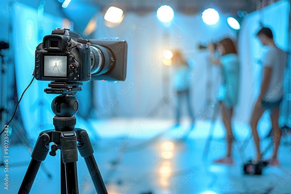 Poster a professional camera on a tripod, ready for action in a studio setting