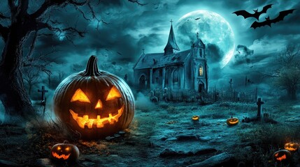 Pumpkin zombie Rising Out Of A Graveyard cemetery and church In Spooky scary dark Night full moon bats on tree. Holiday event halloween banner background concept