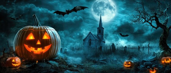 Pumpkin zombie Rising Out Of A Graveyard cemetery and church In Spooky scary dark Night full moon bats on tree. Holiday event halloween banner background concept