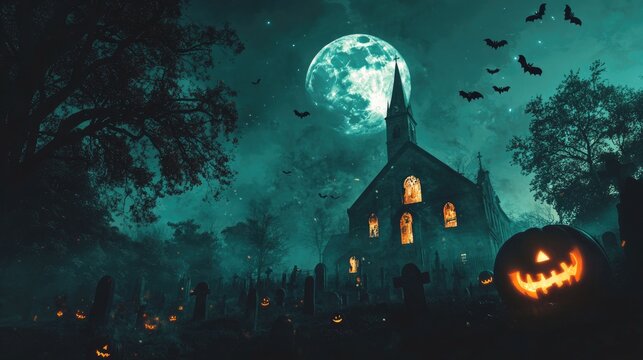 Pumpkin zombie Rising Out Of A Graveyard cemetery and church In Spooky scary dark Night full moon bats on tree. Holiday event halloween banner background concept