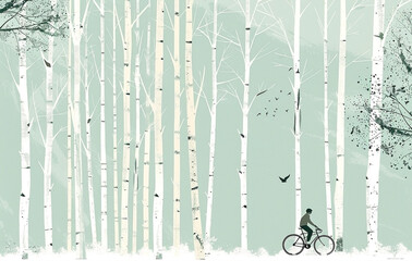 Man Biking Through Birch Forest with Birds - Pastel Green and Blue