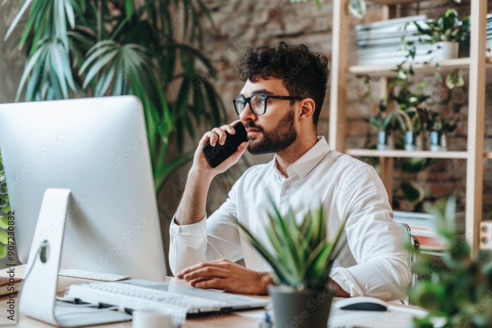 Poster a person sits at a desk using their phone, likely engaged in a conversation