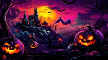 Fototapeta premium halloween themed cartoon background with pumpkins, creepy ghosts, and witches, in the style of dark pink and orange