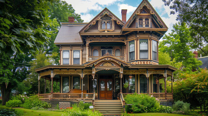 Victorian-style house with intricate woodwork and a wraparound porch,