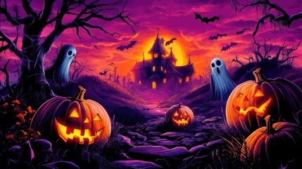 Fototapeta premium halloween themed cartoon background with pumpkins, creepy ghosts, and witches, in the style of dark pink and orange