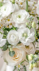 Obraz premium details of a wedding bouquet with white buttercups and fresia