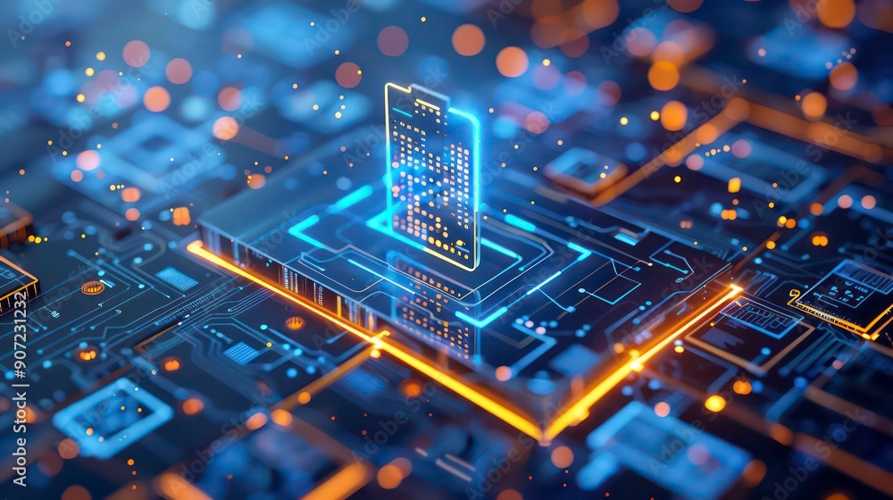 Poster illuminated circuit board with a central processora close-up of a futuristic circuit board with glow