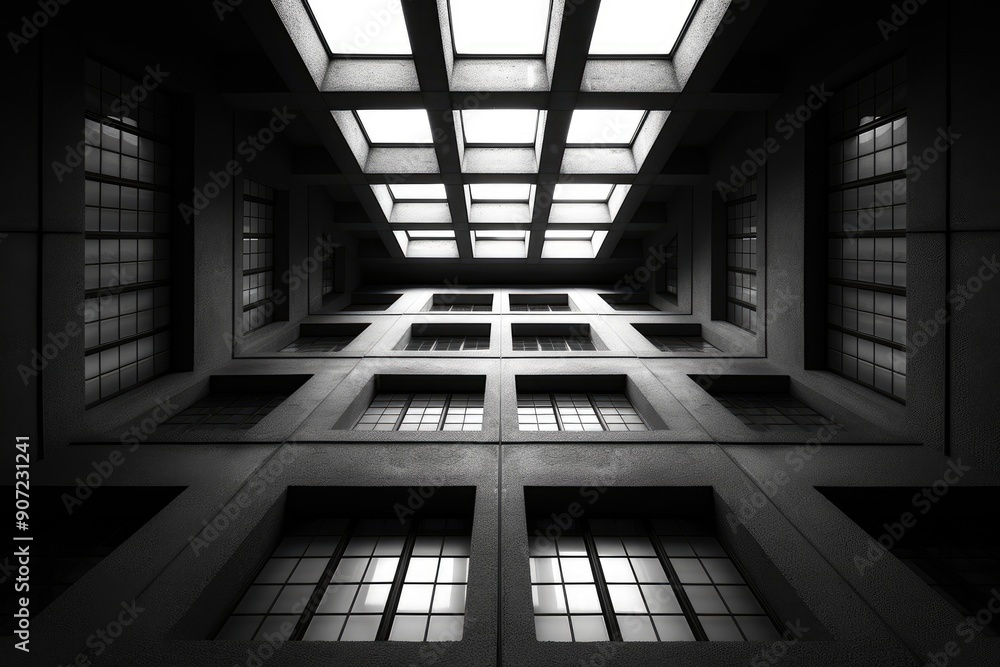 Poster a view from the bottom of a building with windows and a skylight