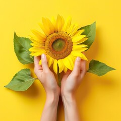 Female hands hold Beautiful fresh sunflower on bright yellow background 
