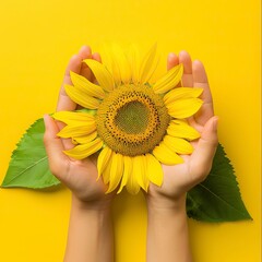 Female hands hold Beautiful fresh sunflower on bright yellow background 

