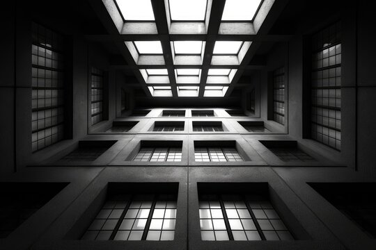 A view from the bottom of a building with windows and a skylight